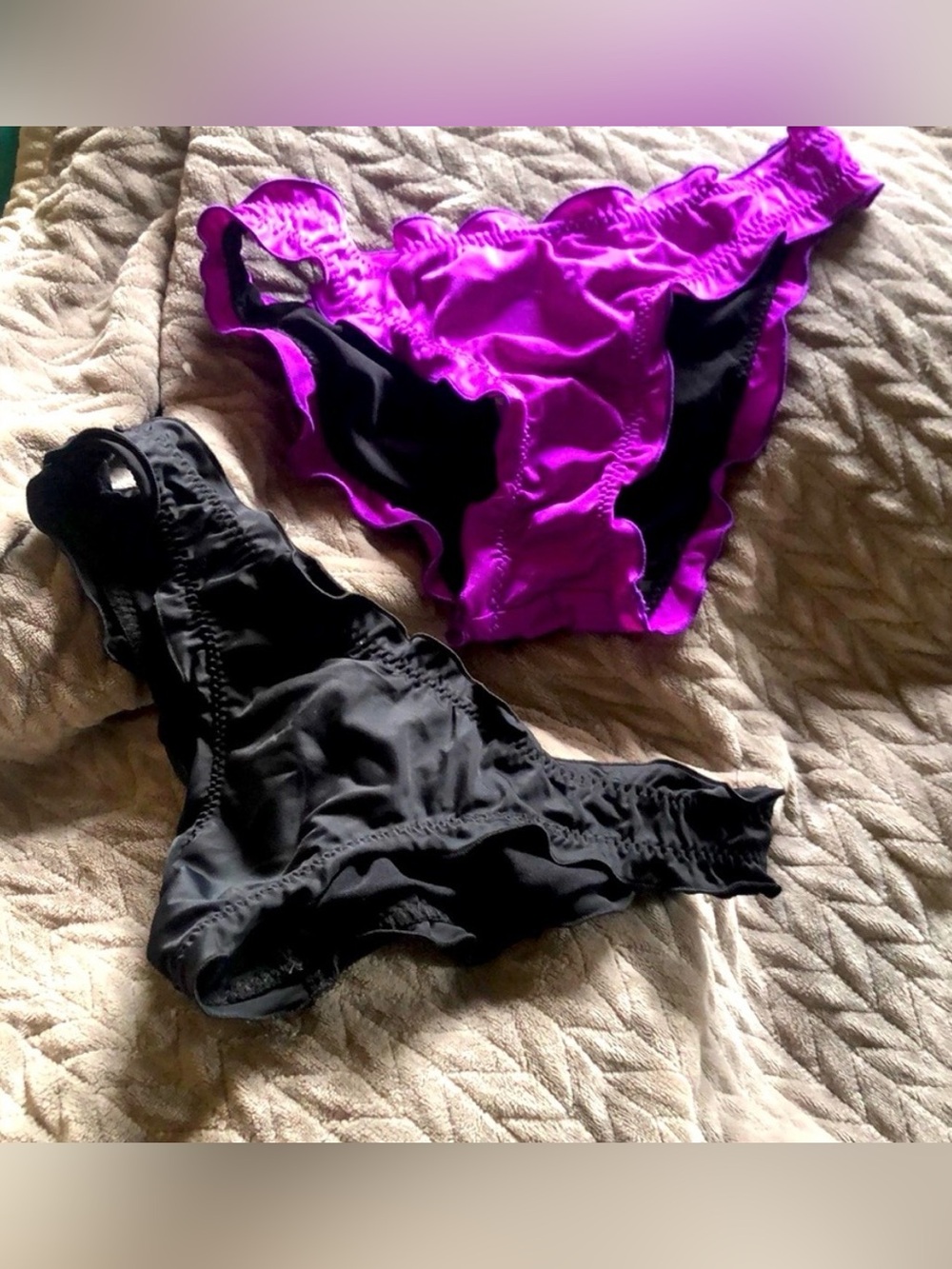 Venus Ruched Ruffled Bikini Bottoms.  Bundle of 2, women size 8 Black and Purple